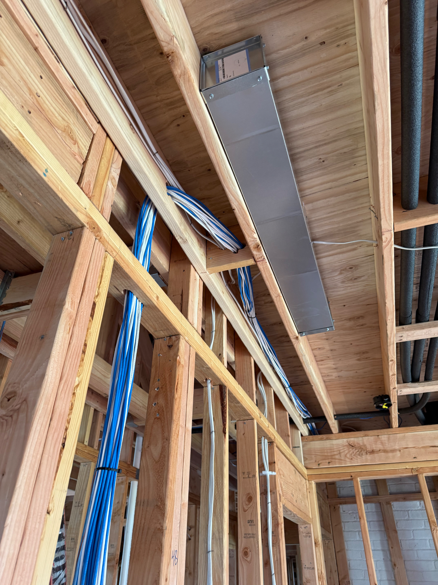Bundled Cat6 cable runs secured along framing during a new construction rough-in