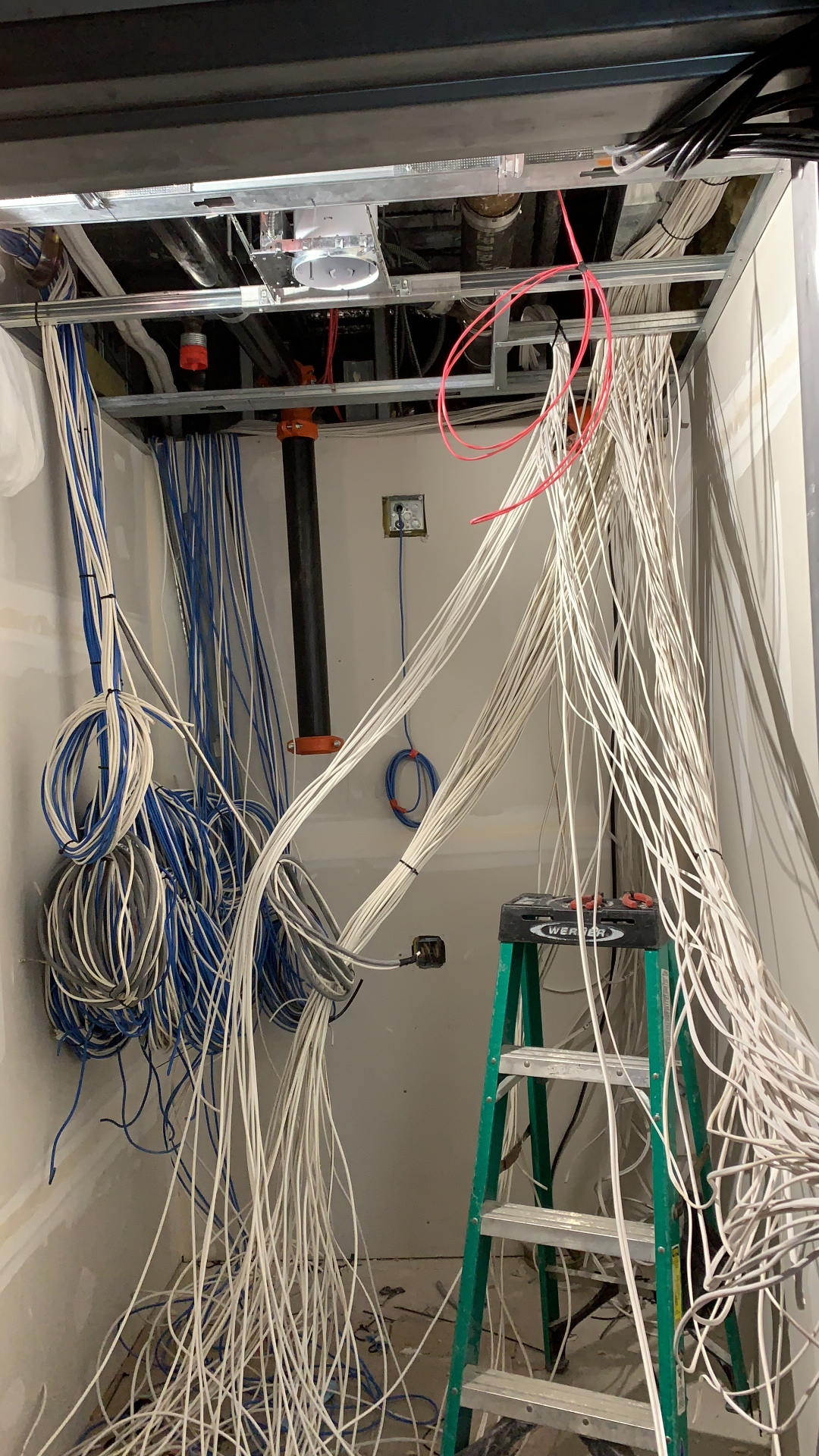Low voltage wiring pulled into a commercial telecom closet with bundled Cat6 and coax runs